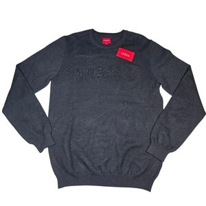 NWT GUESS Men’s Black Embossed Logo Jet Black Crewneck Sweater, Sz Med, $70 MSRP